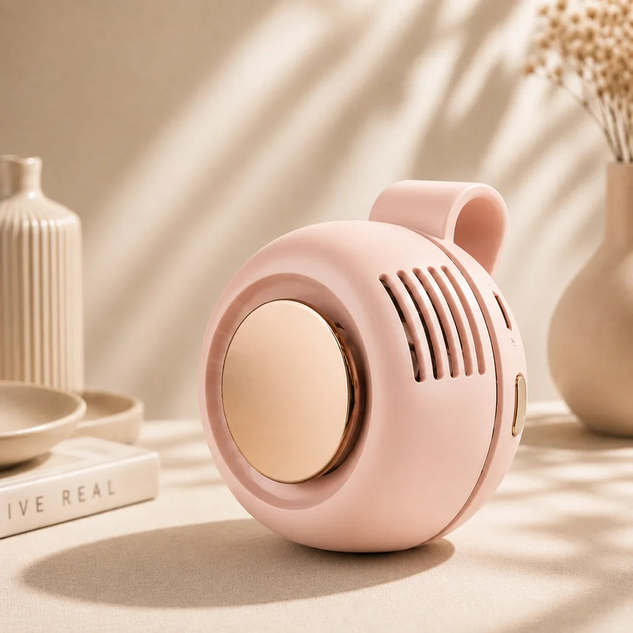 A compact, round pink portable fan with a metallic rose gold circular front grille, styled on a beige surface with soft shadows and decorative ceramic vases in the background.