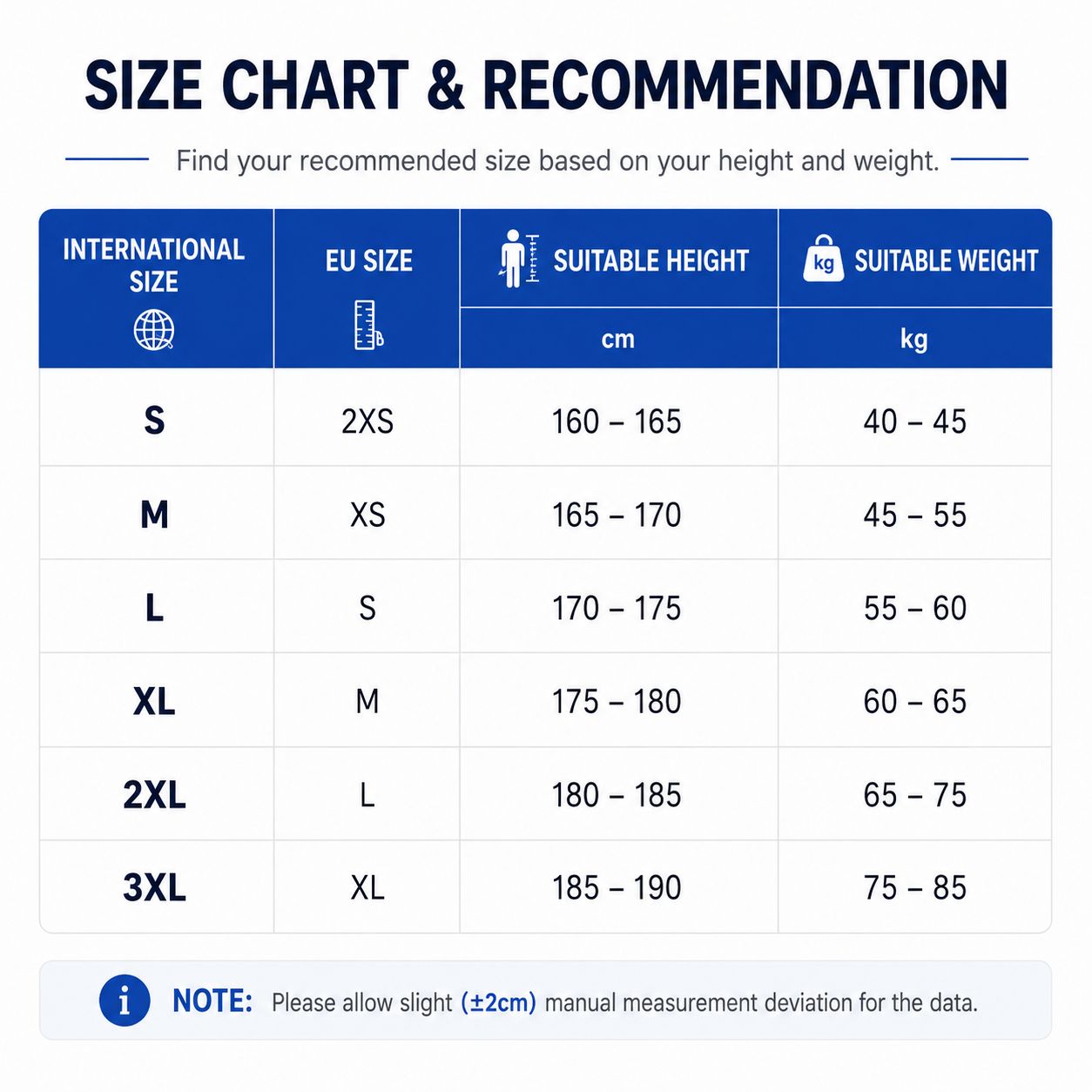 ize chart showing international and EU clothing sizes with recommended height and weight ranges from S to 3XL