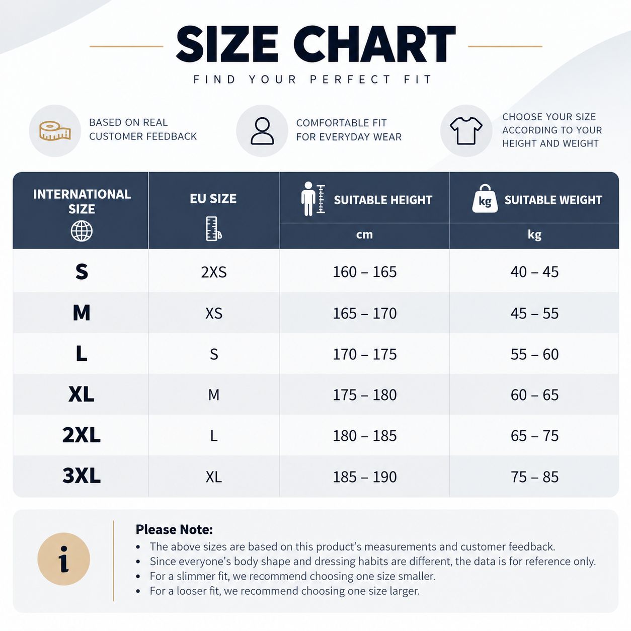 Size chart showing international and EU clothing sizes with recommended height and weight ranges from S to 3XL