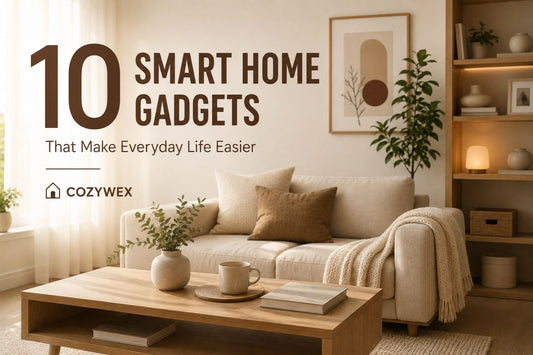Cozy modern living room with warm neutral decor and text about smart home gadgets that make everyday life easier
