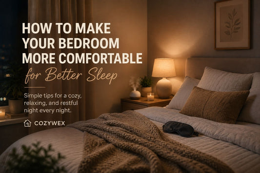 Cozy warm-toned bedroom with comfortable bedding and soft lighting for a more relaxing sleep environment