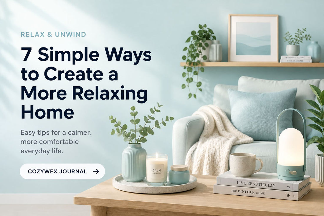 Calm living room with cozy decor, soft lighting, plants, and relaxing home accessories