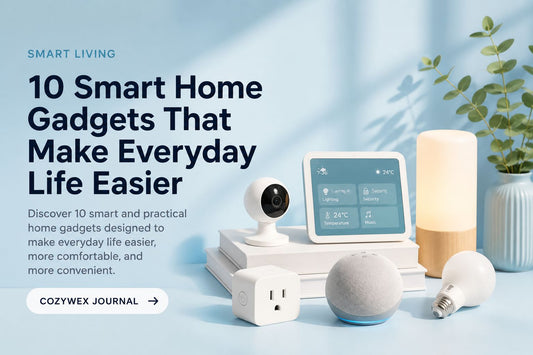Smart home gadgets including a security camera, smart display, speaker, and smart plug
