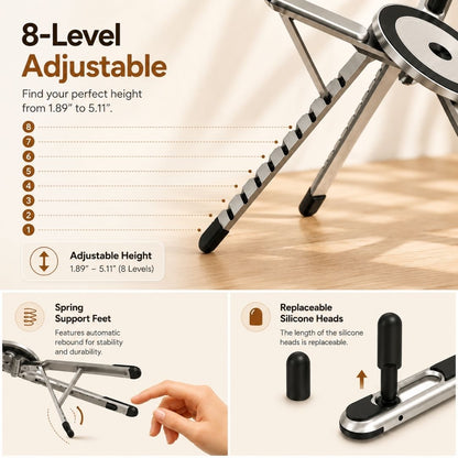 8-level adjustable 3-in-1 Magnetic Laptop Stand with spring support feet and replaceable silicone pads for stable positioning.
