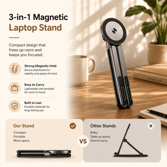 3-in-1 Magnetic Laptop Stand with compact foldable design for portable work, travel, and everyday use.