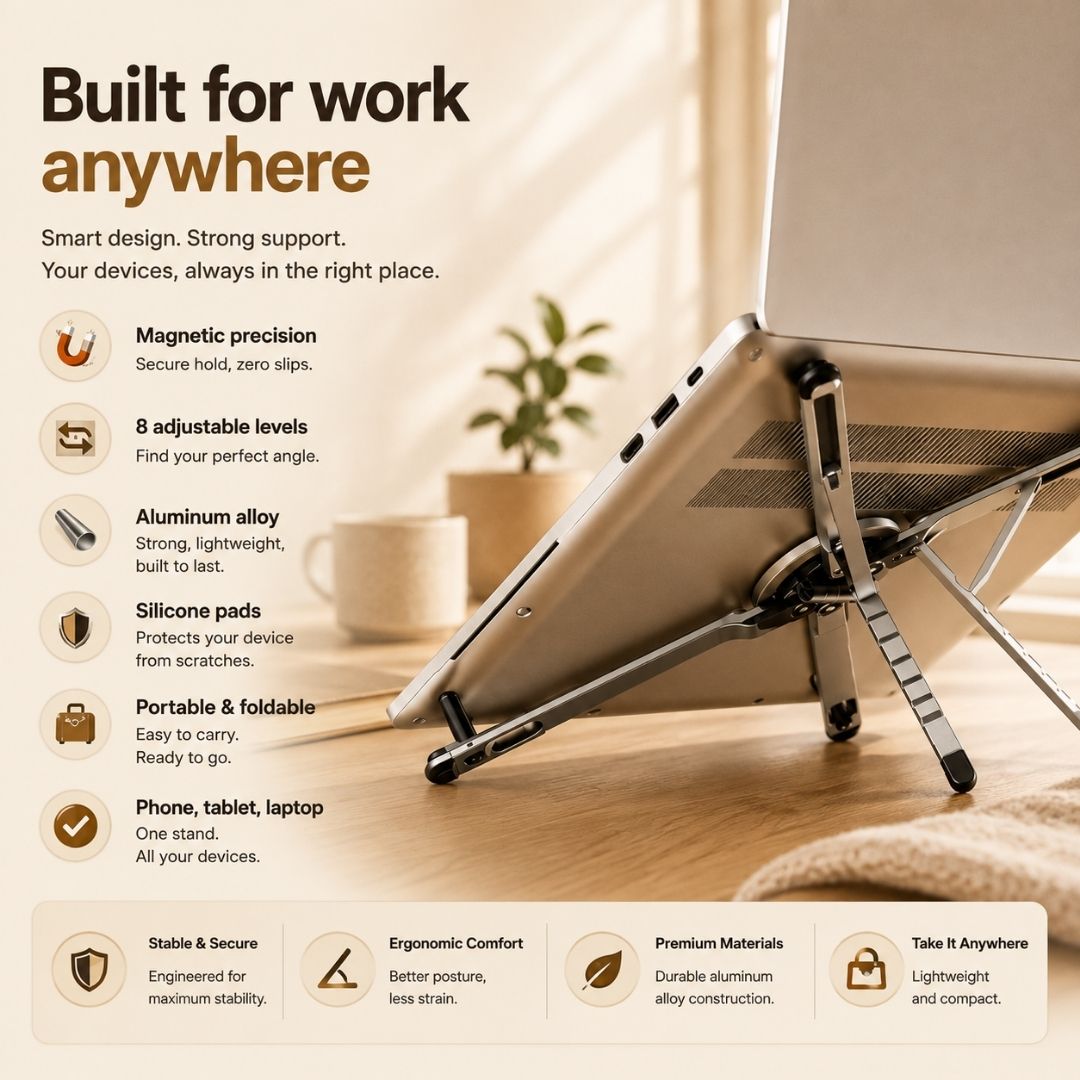 Ergonomic 3-in-1 Magnetic Laptop Stand providing stable support for laptops, tablets, and phones while working anywhere.