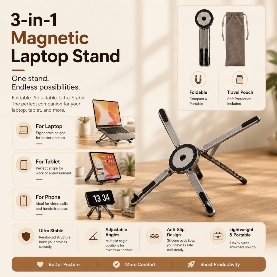 3-in-1 Magnetic Laptop Stand supporting laptops, tablets, and phones with adjustable ergonomic viewing angles.