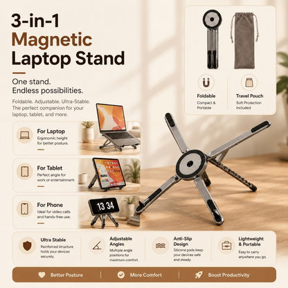 3-in-1 Magnetic Laptop Stand supporting laptops, tablets, and phones with adjustable ergonomic viewing angles.