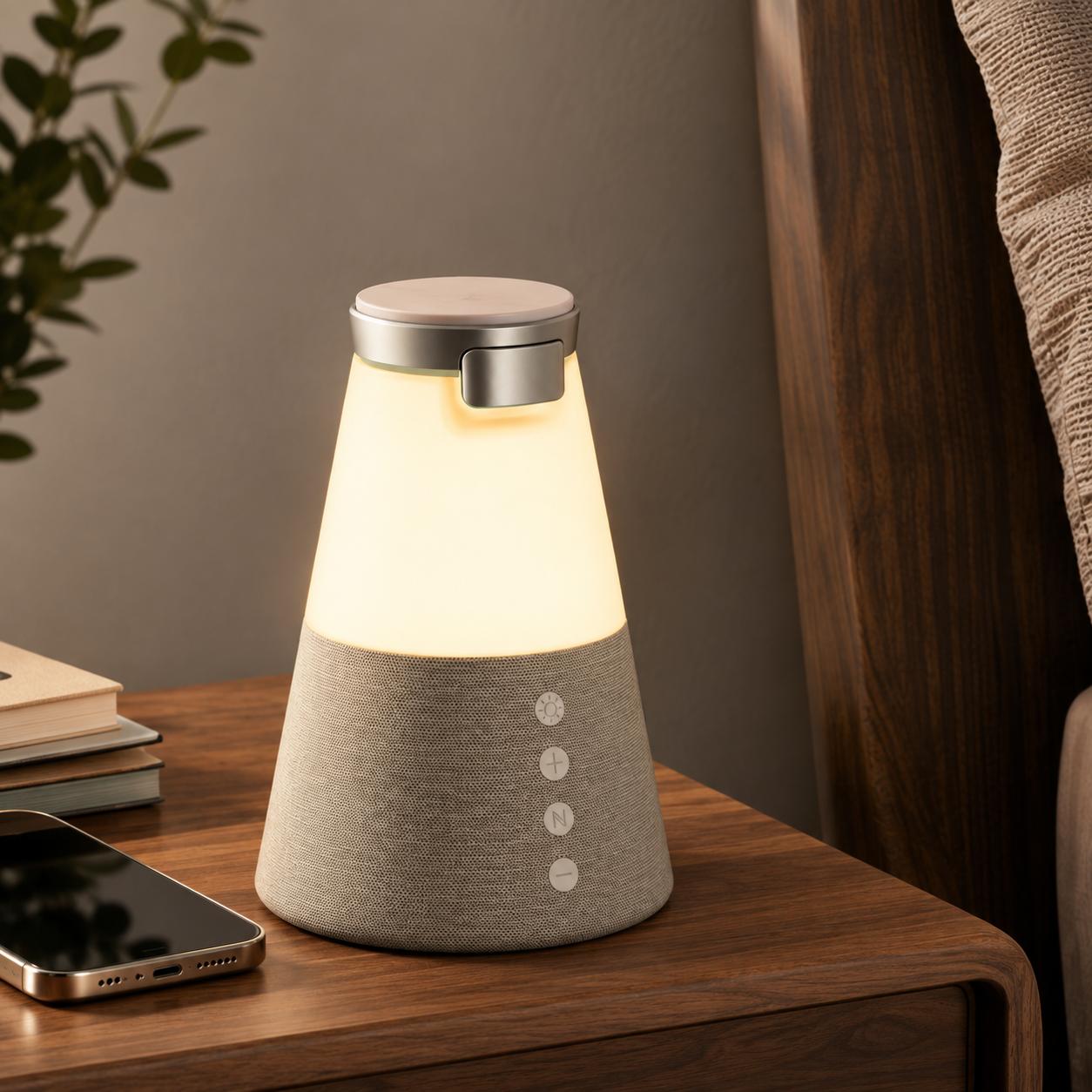 3-in-1 wireless charging speaker night light on a wooden bedside table