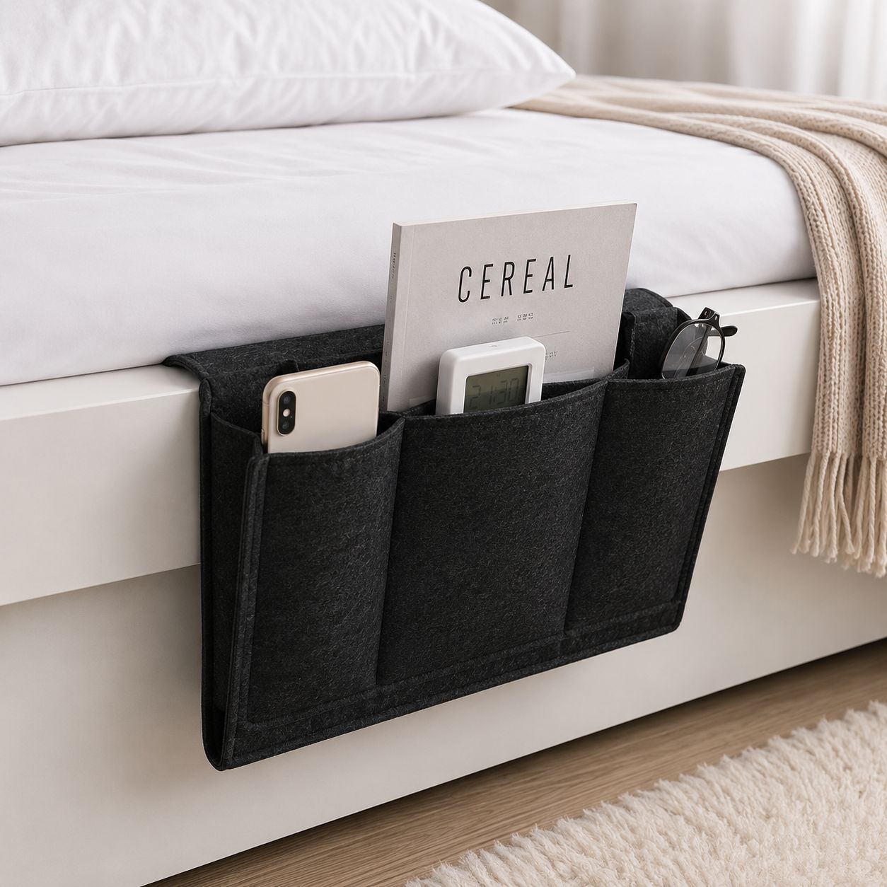A black felt under-bed storage organizer with three pockets hanging from the side of a bed, holding a phone, a cereal box, a small device, and sunglasses.