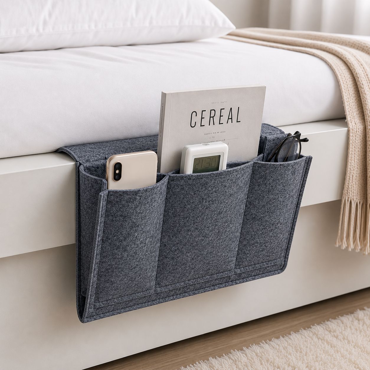 A dark gray felt bed organizer hanging over the side of a bed, holding a phone, cereal box, small device, and sunglasses in a bedroom setting.