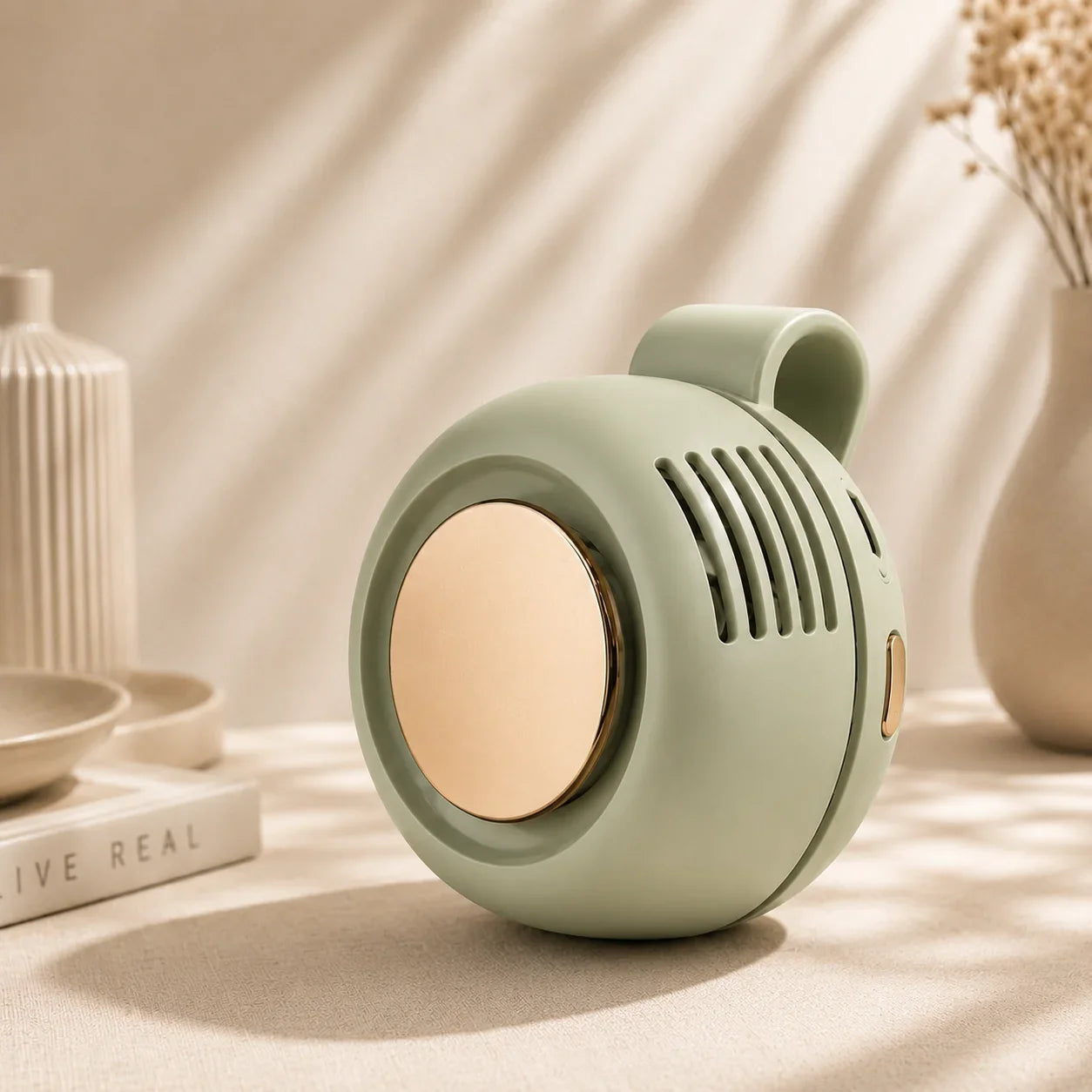 A compact, round portable fan in a sage green color with a metallic rose gold circular face and side button, styled on a beige surface with soft shadows and decorative props.