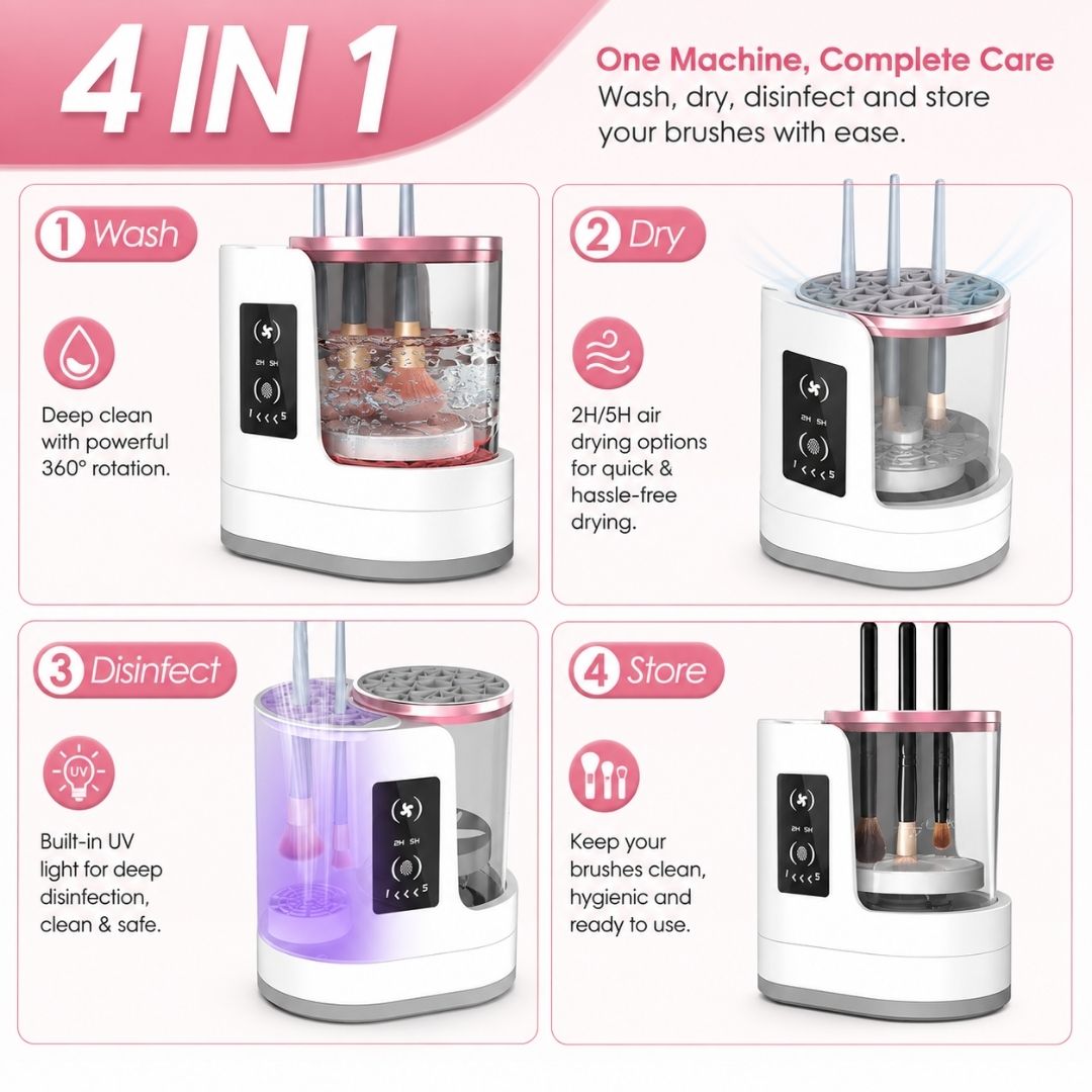 4-in-1 automatic makeup brush cleaner featuring washing, air drying, UV disinfection and brush storage.