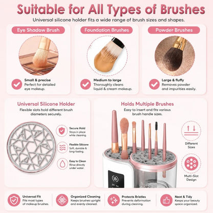 Automatic makeup brush cleaner compatible with foundation, powder, eye shadow and other makeup brush types.