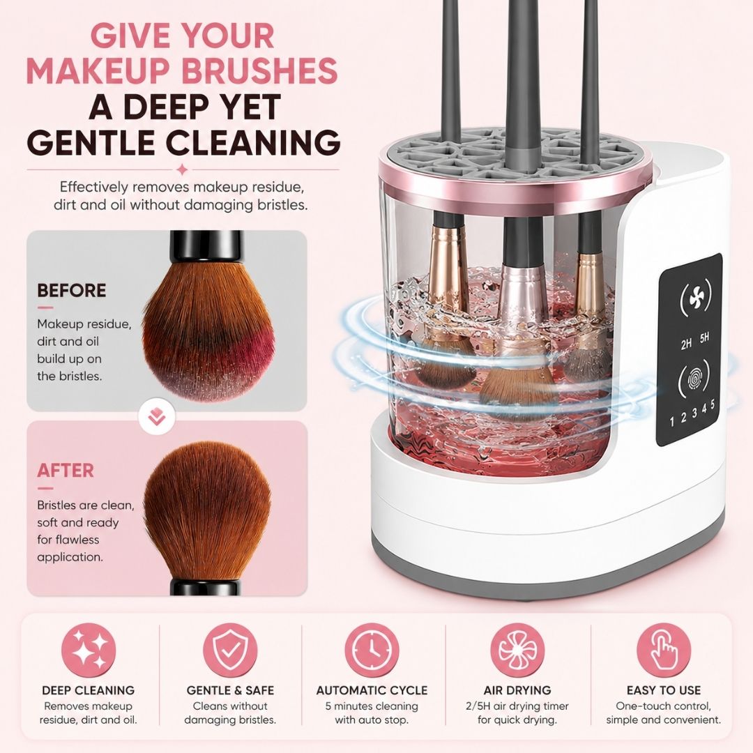 Before and after comparison showing makeup brushes cleaned with the automatic makeup brush cleaner, removing makeup residue and dirt.