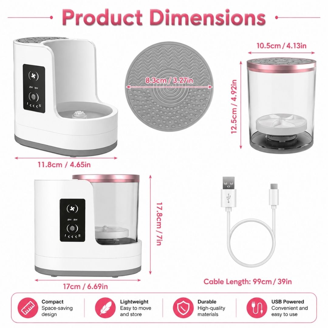 Product dimensions of the automatic makeup brush cleaner with size measurements and USB cable length.