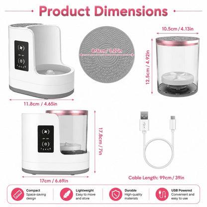 Product dimensions of the automatic makeup brush cleaner with size measurements and USB cable length.