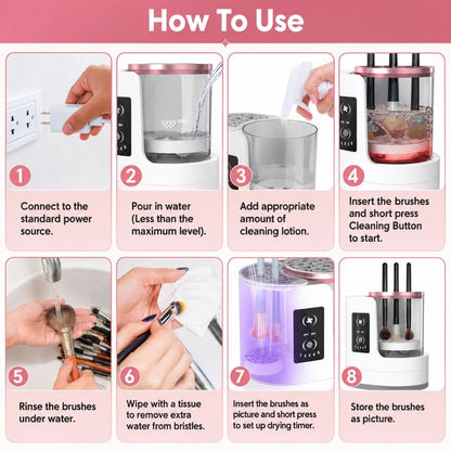 Step-by-step guide showing how to use the automatic makeup brush cleaner from setup to washing, drying and storage.