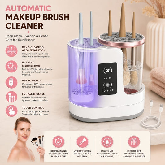 Automatic makeup brush cleaner with UV sterilization, air drying, USB power, touch control and separate cleaning and drying compartments.