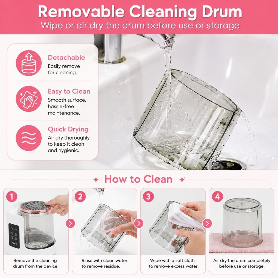Removable cleaning drum of the automatic makeup brush cleaner with simple rinsing and maintenance instructions.