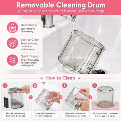 Removable cleaning drum of the automatic makeup brush cleaner with simple rinsing and maintenance instructions.