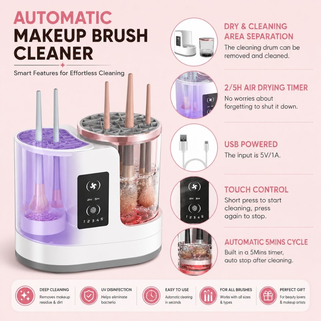 Automatic makeup brush cleaner showing removable cleaning drum, USB power, touch controls, air drying timer and automatic cleaning cycle.