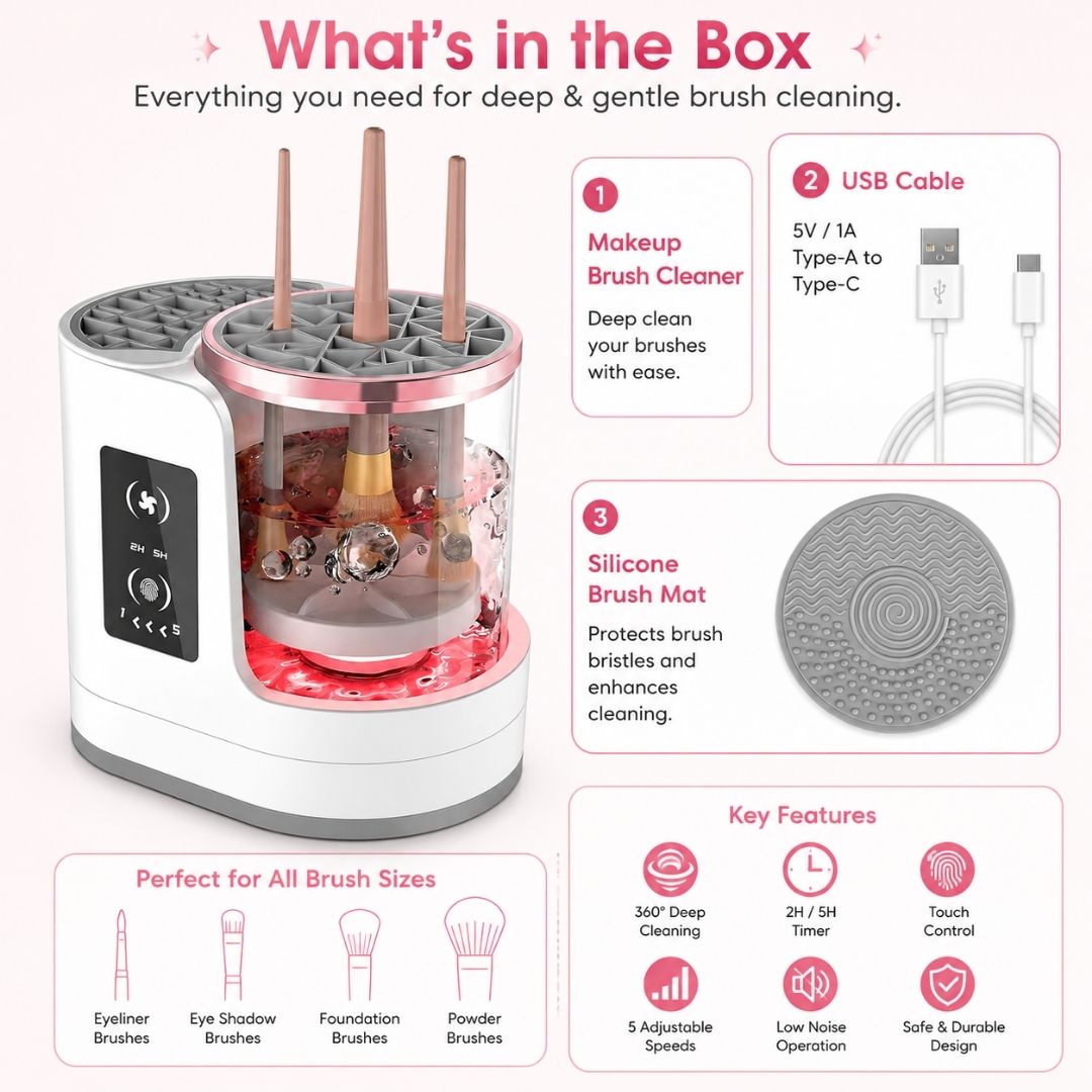 Package contents including the automatic makeup brush cleaner, USB cable and silicone brush cleaning mat.