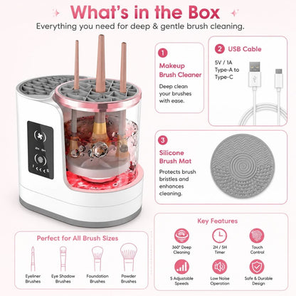 Package contents including the automatic makeup brush cleaner, USB cable and silicone brush cleaning mat.