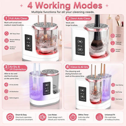 Four working modes of the automatic makeup brush cleaner including full-auto cleaning, semi-auto cleaning, UV drying and clean plus dry mode.