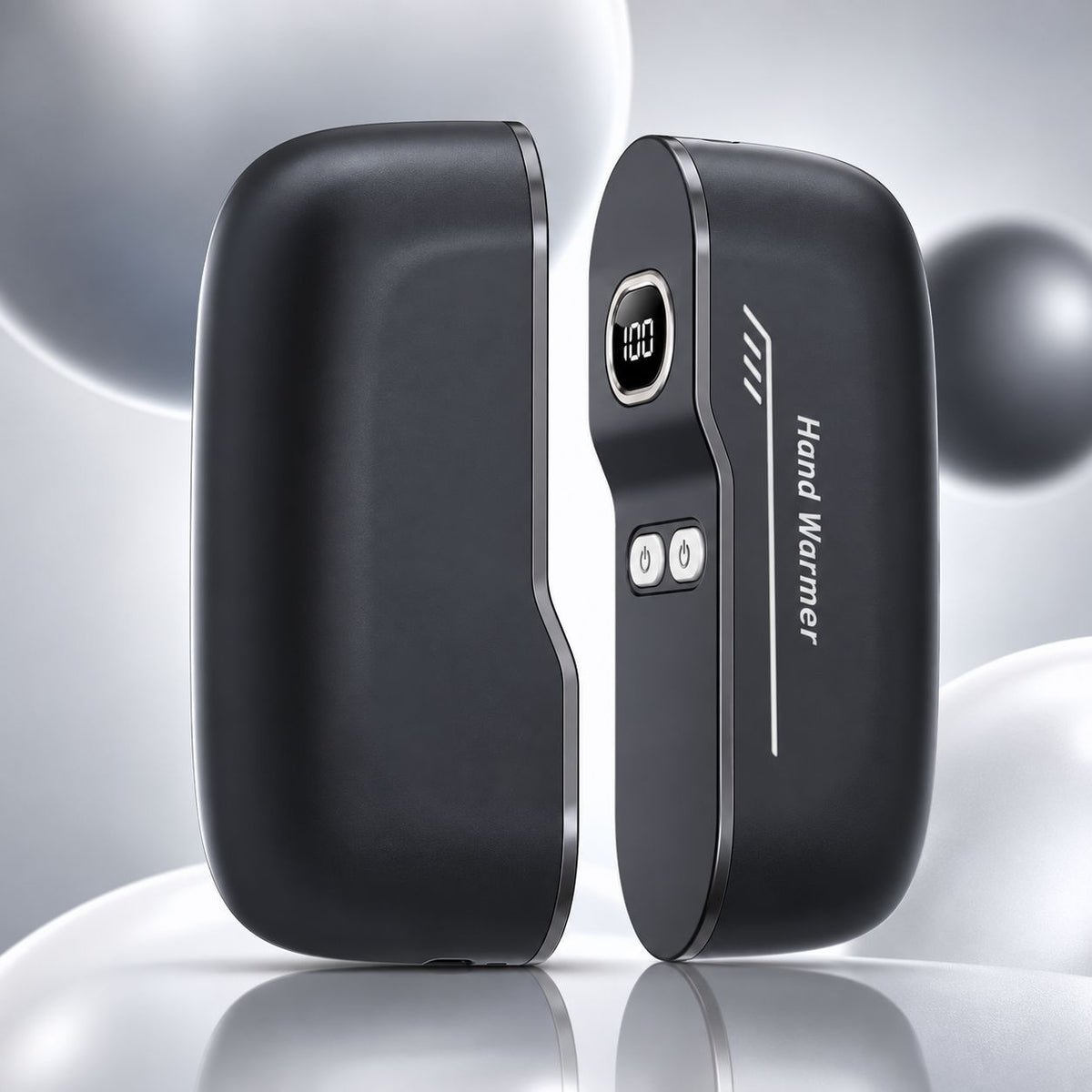 Black rechargeable magnetic hand warmer shown open