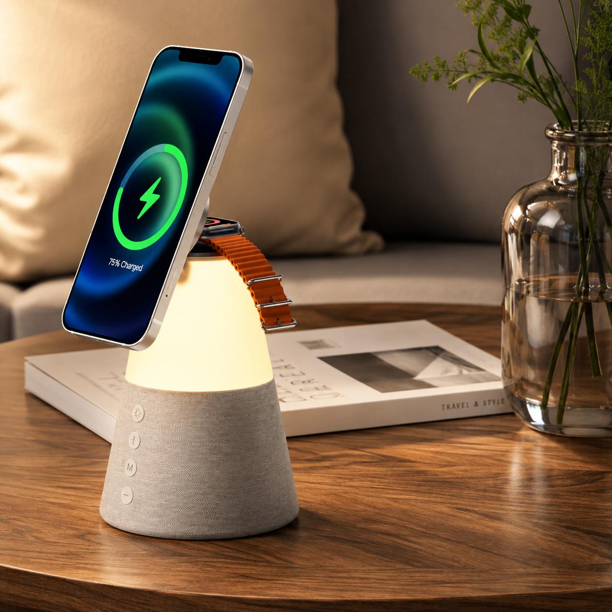 Bluetooth speaker night light with warm illumination in a modern home setting