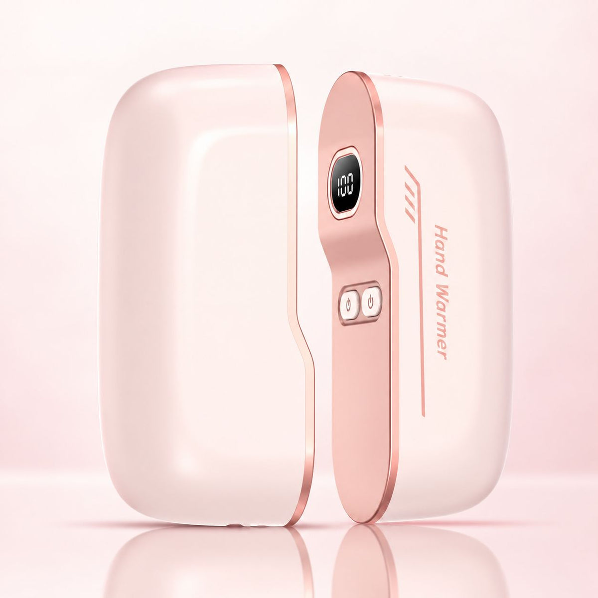Blush pink rechargeable magnetic hand warmer in a pastel product setting