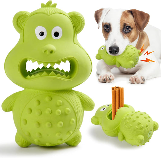 Green tough chew toy for dogs with textured surface and treat holder