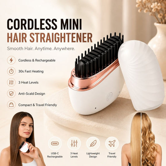 CozyWex cordless mini hair straightener with cordless rechargeable design, 30-second fast heating, 3 heat levels, anti-scald protection, and compact travel-friendly styling.