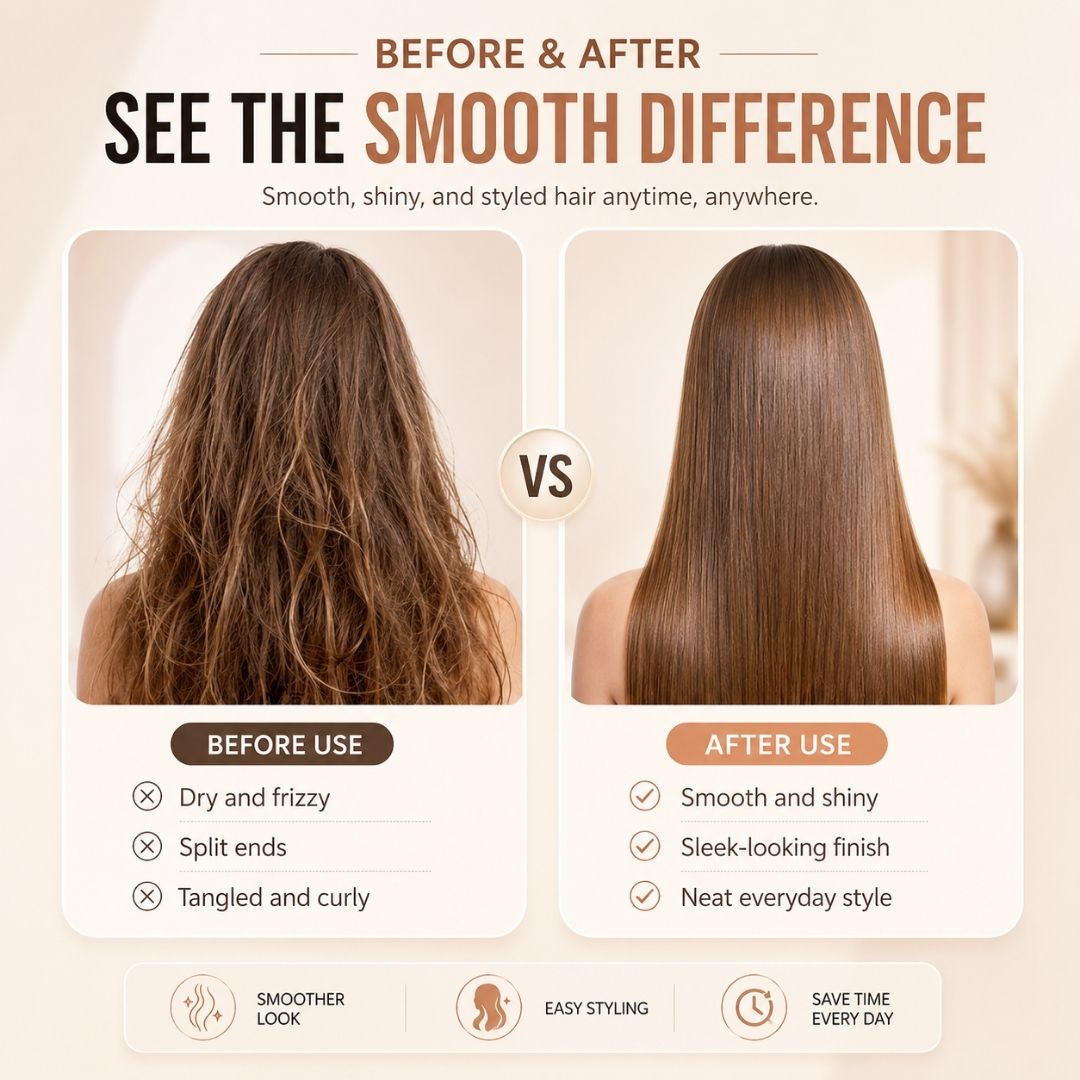 Before and after comparison showing smoother, shinier hair after using the CozyWex cordless mini hair straightener.