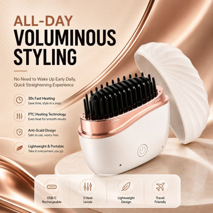 CozyWex cordless mini hair straightener featuring 30-second fast heating, PTC heating technology, anti-scald design, and lightweight portable styling.