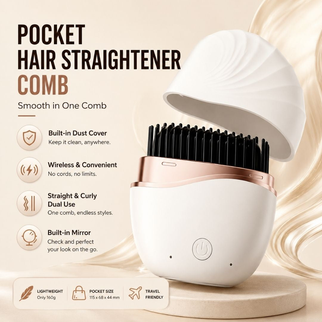Pocket-size cordless hair straightener with dust cover, wireless operation, dual straight and curl styling, built-in mirror, and travel-friendly design.