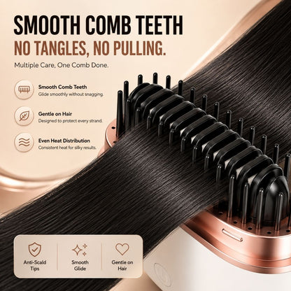 Smooth comb teeth hair straightener brush that glides through hair without pulling, reduces tangles, and provides even heat distribution.