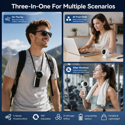 CozyWex Turbo Mini Fan shown in handheld, desktop and neck-worn configurations for versatile cooling