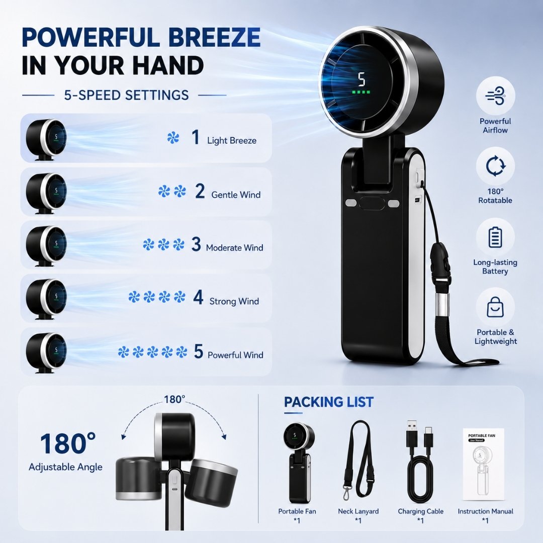 CozyWex Turbo Mini Fan with 5 adjustable speed settings, 180-degree airflow and LED display