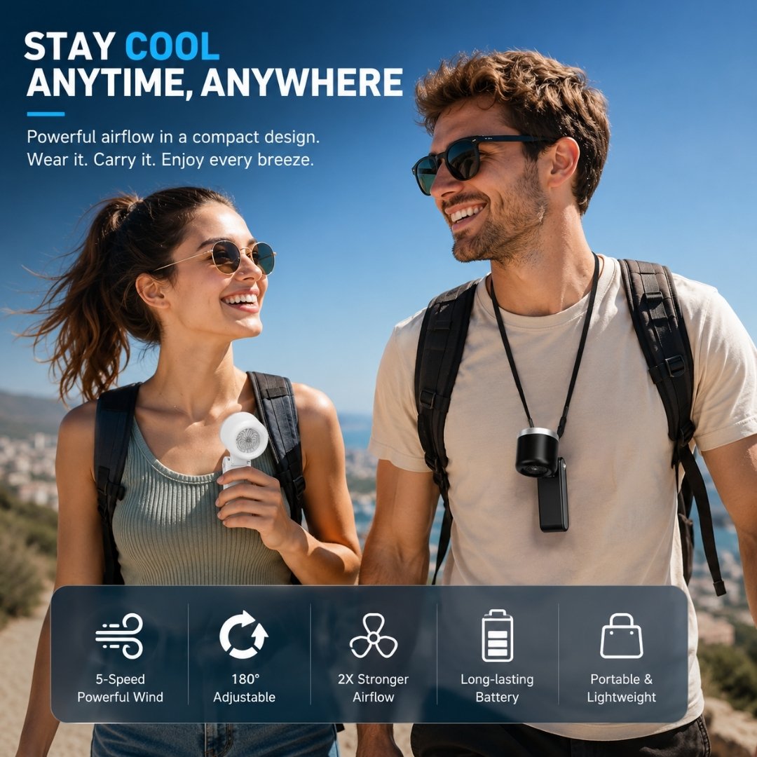CozyWex Turbo Mini Fan used outdoors for portable cooling with handheld and neck-worn options