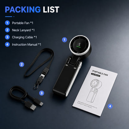 CozyWex Turbo Mini Fan package including portable fan, neck lanyard, charging cable and instruction manual