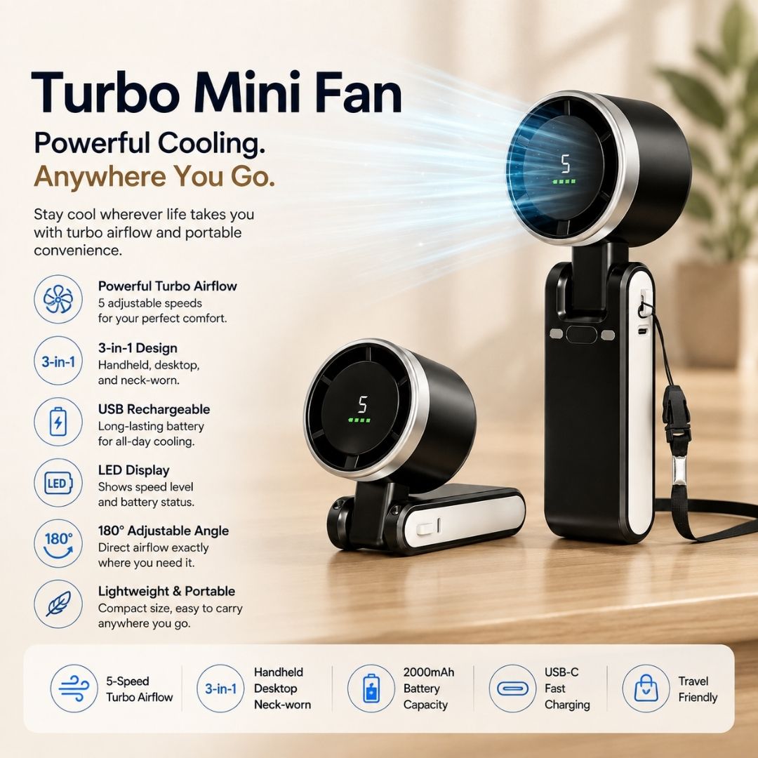 CozyWex Turbo Mini Fan with powerful airflow, 5 speeds, LED display and portable 3-in-1 design