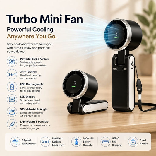 CozyWex Turbo Mini Fan with powerful airflow, 5 speeds, LED display and portable 3-in-1 design