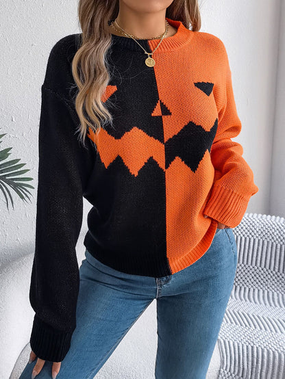 Orange and black pumpkin sweater worn casually