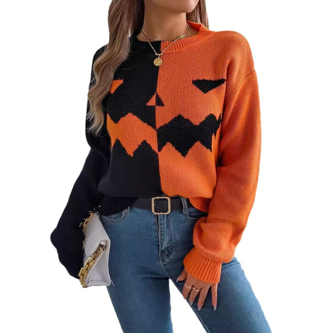 Orange pumpkin sweater worn casually