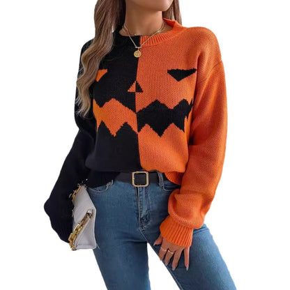 Orange pumpkin sweater worn casually