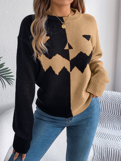 Tan pumpkin sweater worn casually