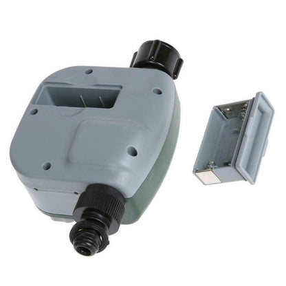 Back view of the digital garden water timer and removable battery cover