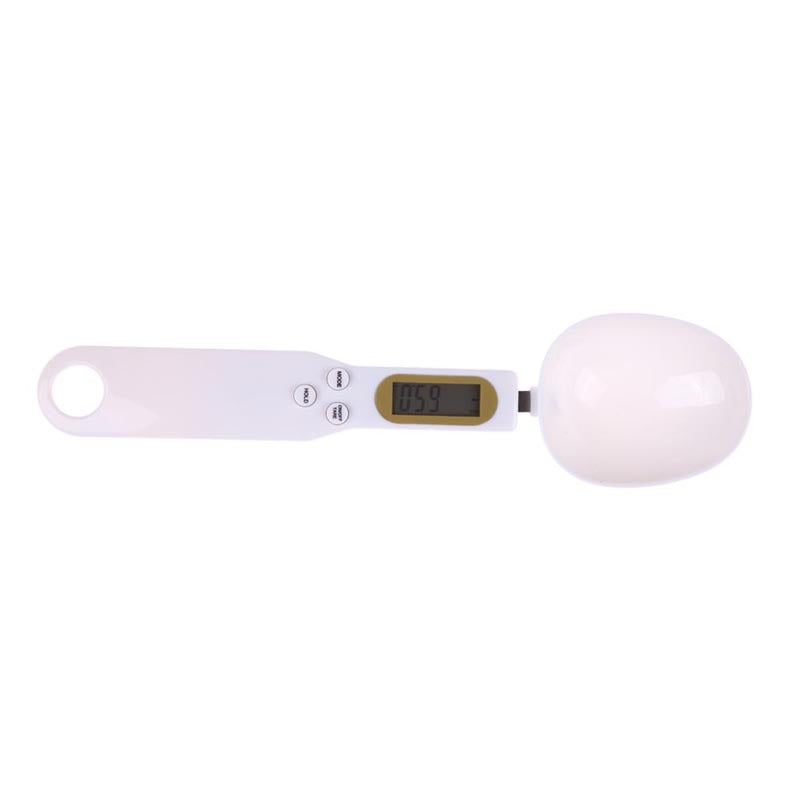 White digital measuring spoon scale shown from a side view